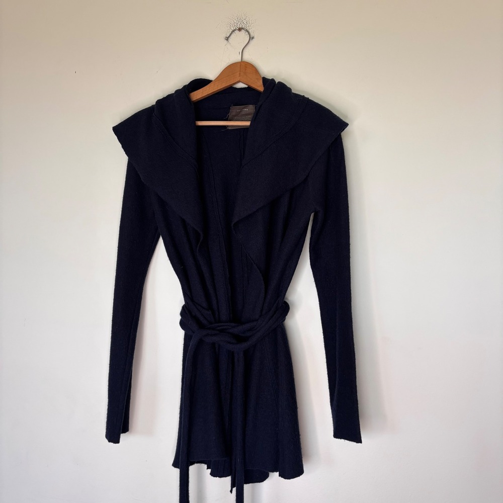 Anthropologie Guinevere Navy Blue Wool Open Front Belted Duster Cardigan Medium